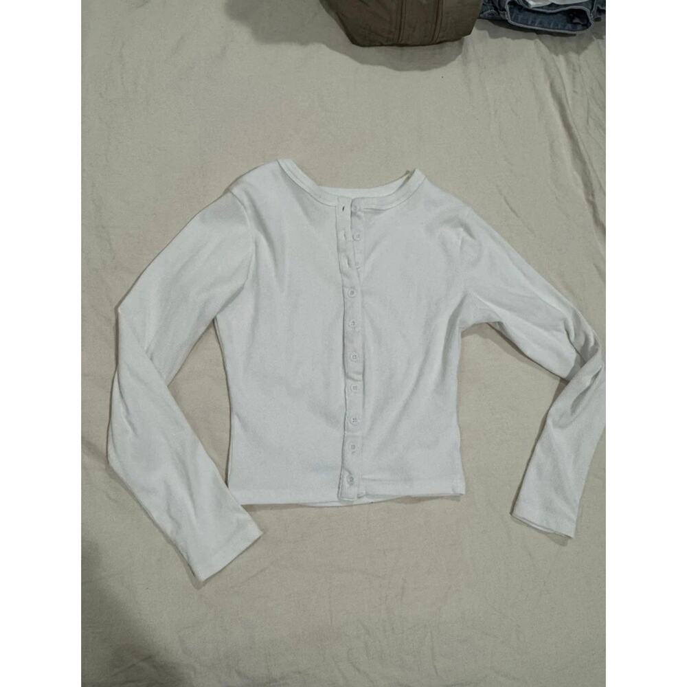 White Ribbed Button Front Long Sleeve Top Size Small - Picture 3 of 9